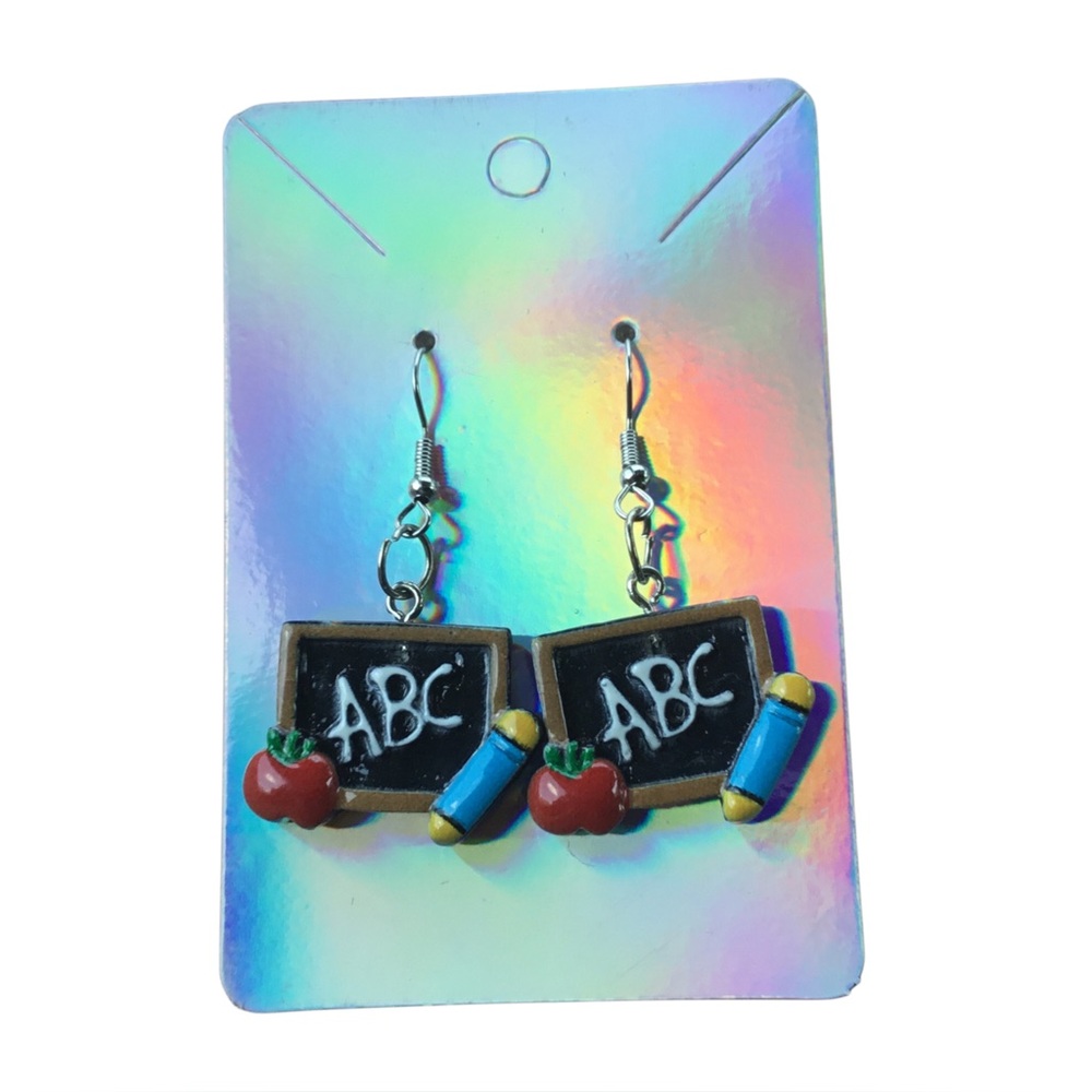 Teacher ABC Chalkboard Apple Pencil Dangle Earrings